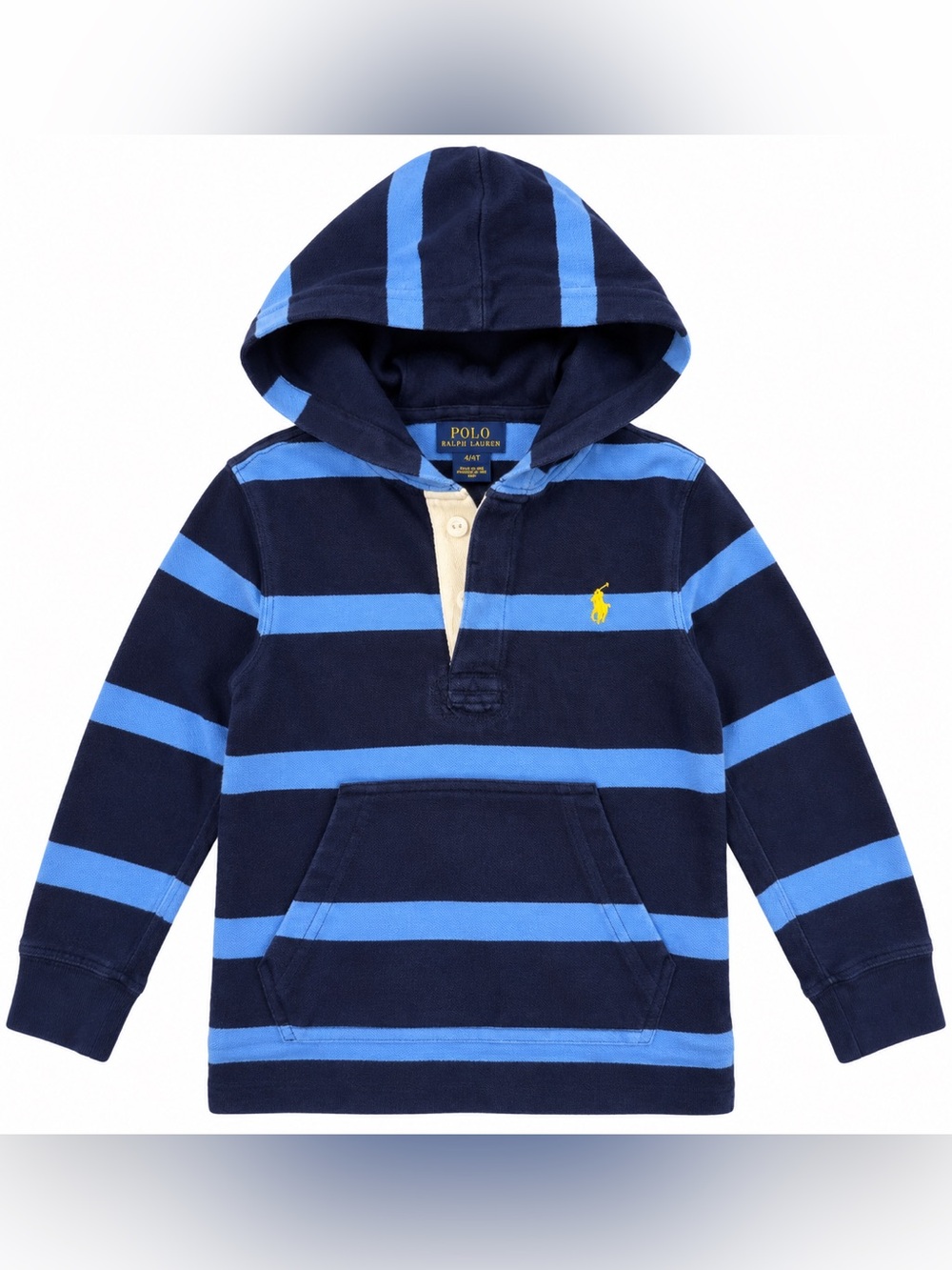 Polo Ralph Lauren Boys 4T Striped Rugby Hooded Shirt Navy Blue Pony
